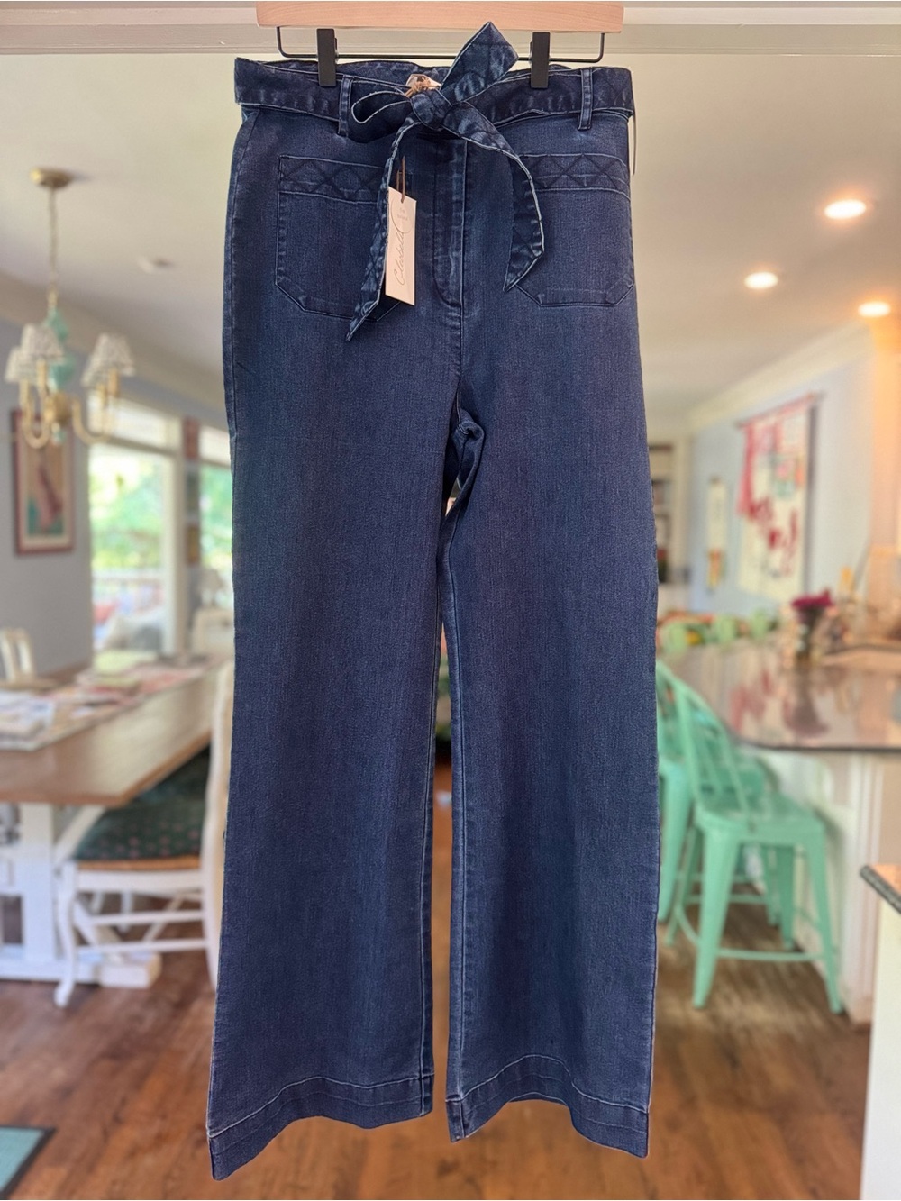 NWT Cleobella Wide Leg Denim Pants Belted High Rise Dark Wash Jeans